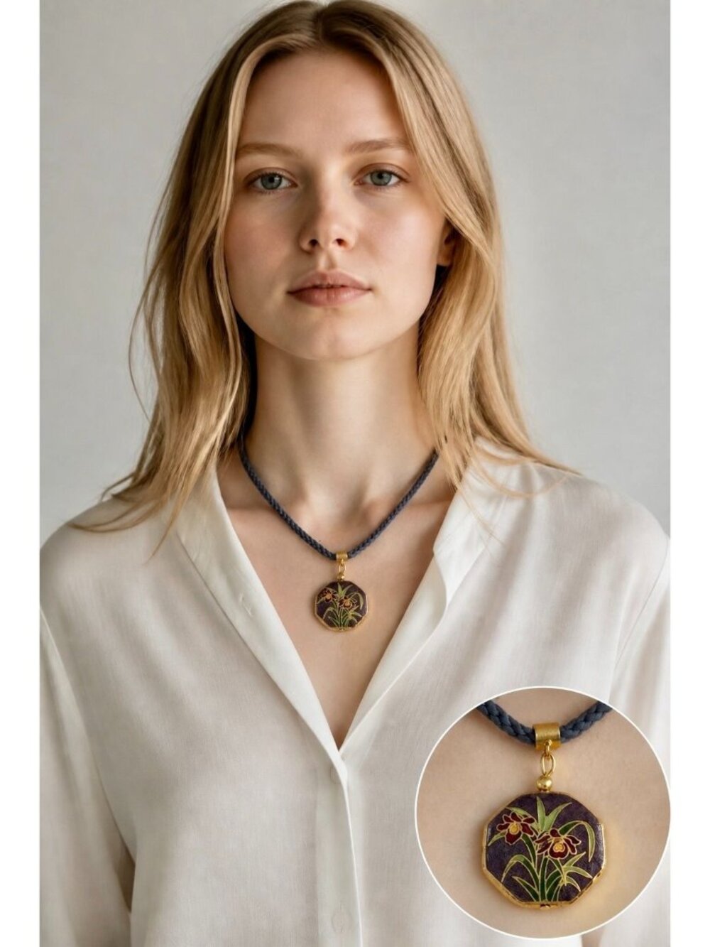 Vintage Purple Floral Cloisonne  Pendant Necklace With Braided Cord & Gold-Tone